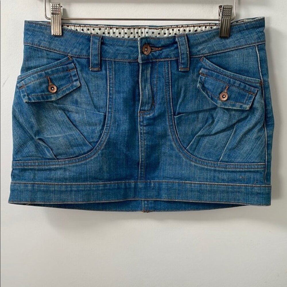 Golf Punk mini Denim Jean Skirt Blue Faded Pockets 6